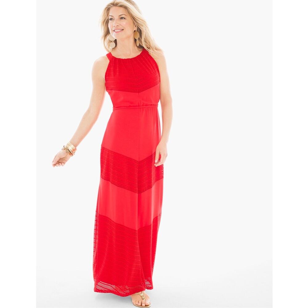 CHICO'S Red Eylet Texture Detail Halter Maxi Dress // S - Picture 13 of 15